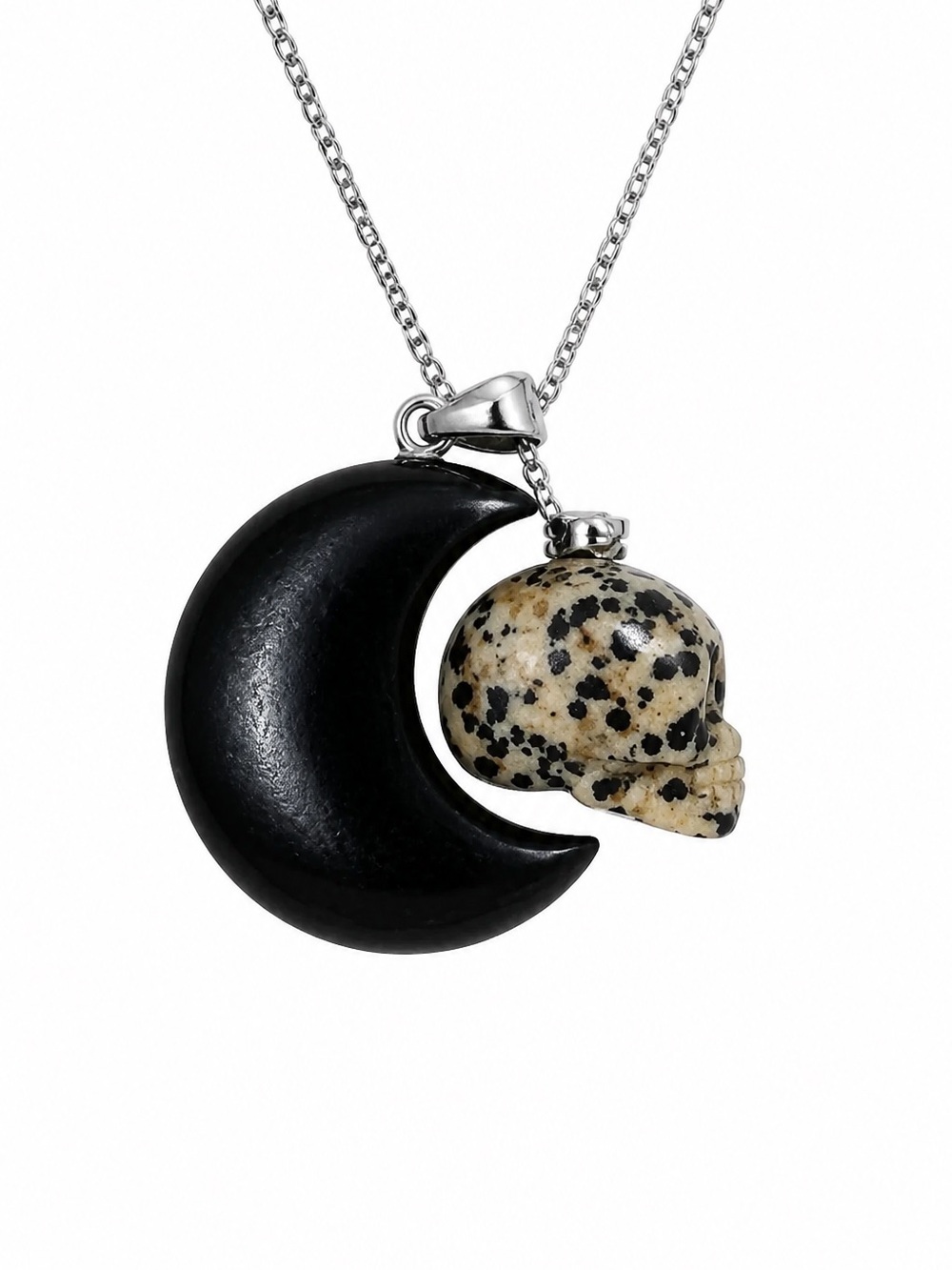 Gothic Dalmatian Jasper Skull and Onyx Moon Sterling Silver Necklace 16”
